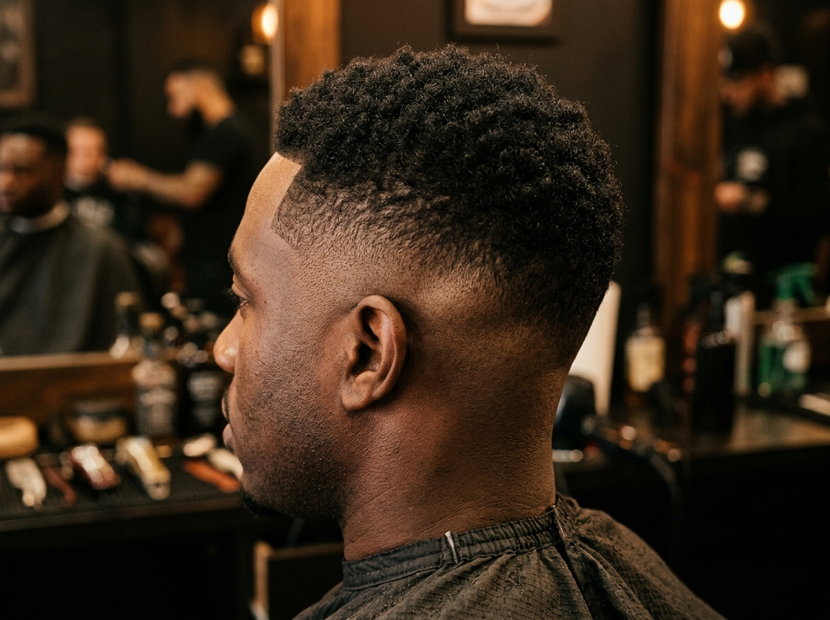 Close-up of a clean, precise fade haircut result showing the sharp lineup and skilled barber technique