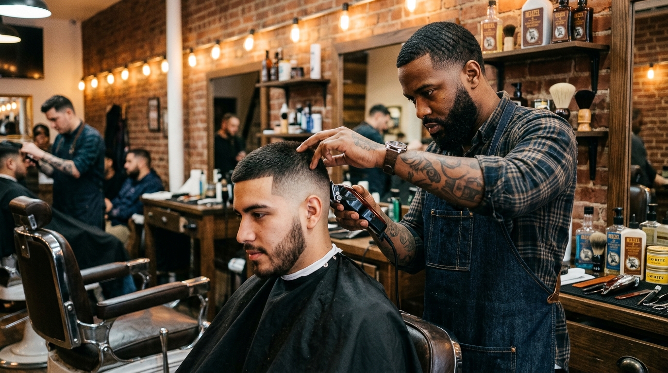 Barber carefully shaping a clean fade in a warm, brick-walled NYC barbershop