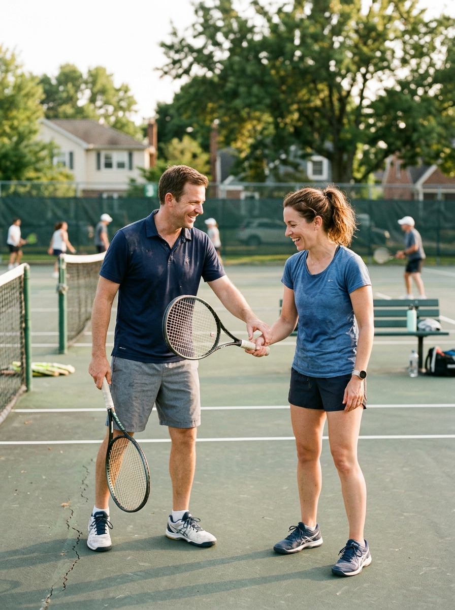 Adult tennis player mid-lesson with coach on outdoor suburban court in warm afternoon light