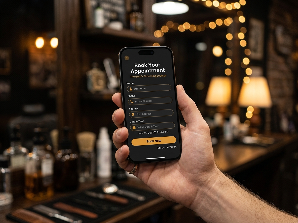 Booking form on a smartphone — enter your address, pick a time, get matched with a verified barber