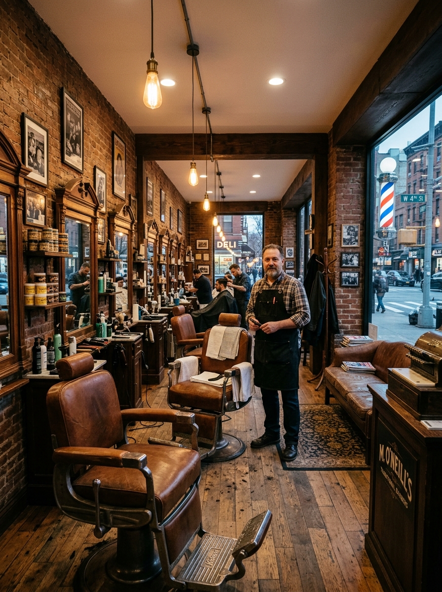 Inside a warm, well-lit NYC barbershop with vintage chairs and a barber ready for same-day appointments