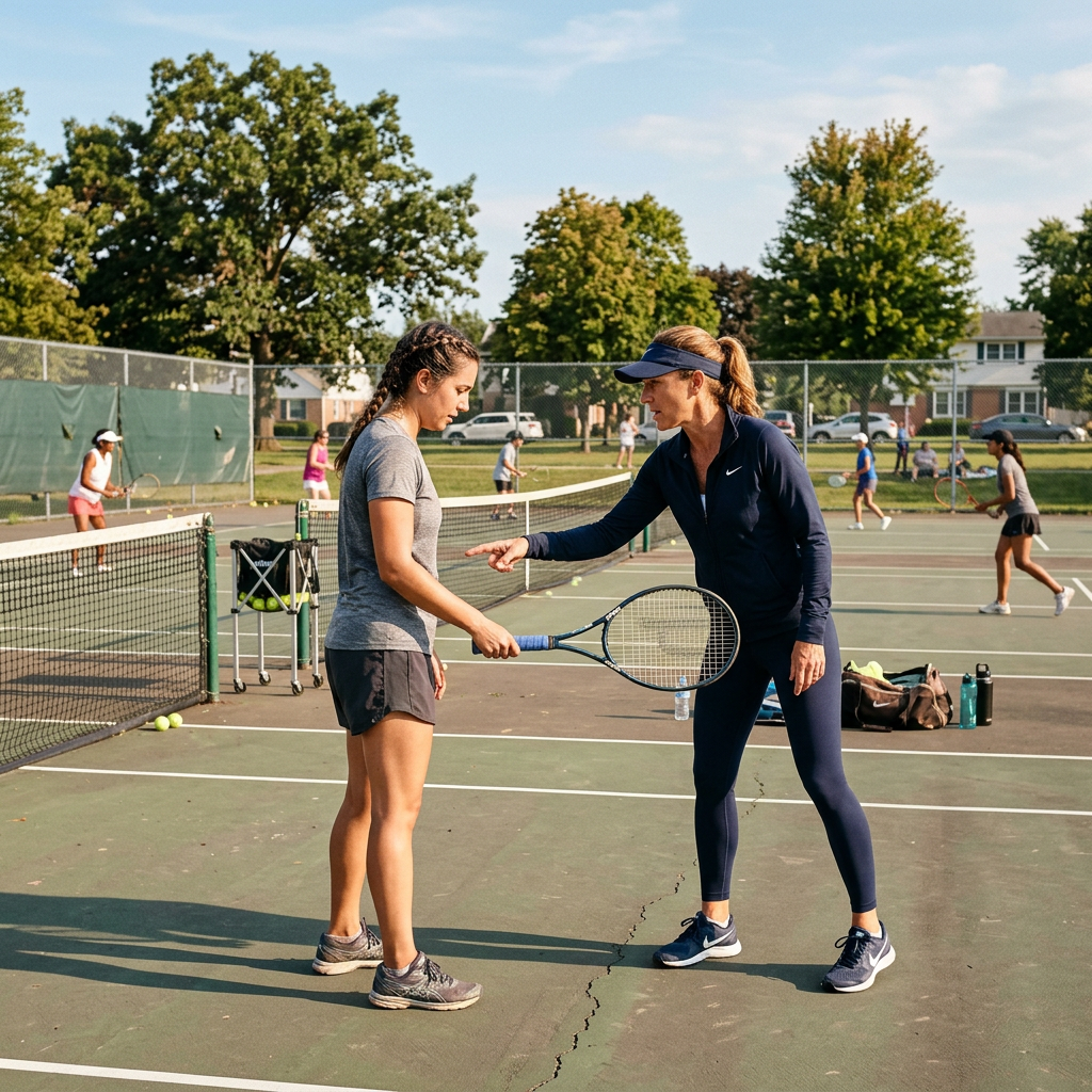 USPTA certified tennis coach giving feedback during a private tennis lesson on an outdoor court